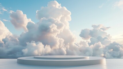 Podium mockup, blue sky cloud background, 3d render - obrazy, fototapety, plakaty
