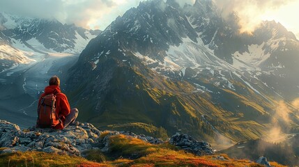 Adventurer in contemplation amid mountain majesty, as day gives way to evening hues