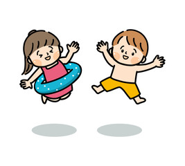 水着姿でジャンプする女の子と男の子