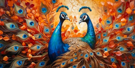 Painting of a Regal Peacocks Proudly Displaying its Iridescent Plumage, Standing Amid the Splash Color Dynamic Background.