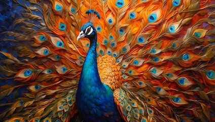 Painting of a Regal Peacock Proudly Displaying its Iridescent Plumage, Standing Amid the Splash Color Dynamic Background.