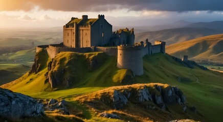 Obraz premium Scotland's Iconic Fortress Landmark, From its Majestic Grass-Capped Peak to the Surrounding Fields of Meadows and Old Castles. Scottish Countryside and Highlands.