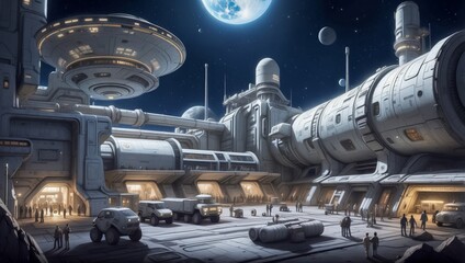 Intergalactic Space Station, with a Platform for Spaceships. Science and Technology Platform on a Galactic Planet. Scientific Space Architecture.