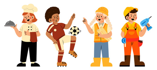 Children Dream Job Illustration.  Chef, football player, architect, engineer children dream job illustration