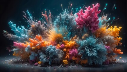 The Quantum World of Subatomic Debris, with a Splash of Coloration and Complex Patterns. Turbulent Waves of Particles. Explosive Surreal Colors Background.