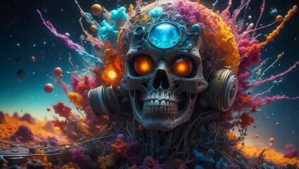Abstract Human Skull in The Quantum World of Subatomic Debris, with a Splash of Coloration and Complex Patterns. Turbulent Waves of Particles. Explosive Surreal Colors Background.