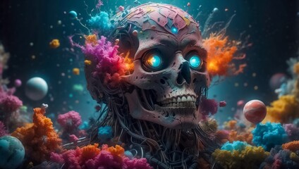 Abstract Human Skull in The Quantum World of Subatomic Debris, with a Splash of Coloration and Complex Patterns. Turbulent Waves of Particles. Explosive Surreal Colors Background.