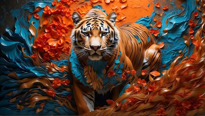 A Painting of a Tiger Proudly Displaying Iridescent Color Fur, Standing Amid the Splash Color Dynamic Background. Siberian Tiger. 