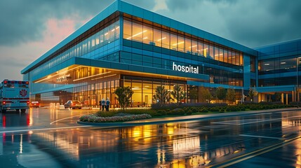 modern hospital exterior with a prominent, Ai generate