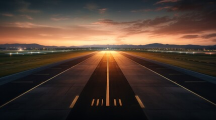 airport runway in the evening sunset light, ready for airplane landing or taking off