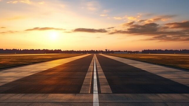 airport runway in the evening sunset light, ready for airplane landing or taking off