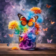 butterfly and colorful smoke in jar - obrazy, fototapety, plakaty