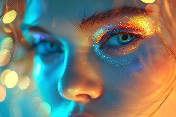 A woman's eye adorned with radiant, multicolored makeup under a bokeh light effect. The golden-orange to turquoise gradient of glittery eyeshadow enhances the natural green of her eye