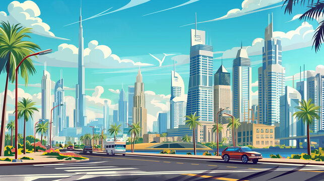 Dubai, UAE with its typical sights on a sunny day