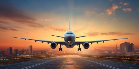 Passengers airplane landing to airport runway in beautiful sunset light, silhouette of modern city on background, panoramic banner background.