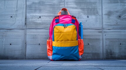 Vibrant school backpack with supplies displayed in orderly fashion on a grey concrete wall.