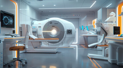 A hospital room with a white MRI machine in the center - obrazy, fototapety, plakaty