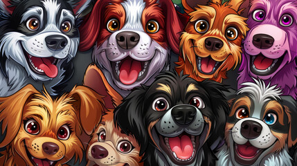 A group of dogs are smiling and looking at the camera - obrazy, fototapety, plakaty