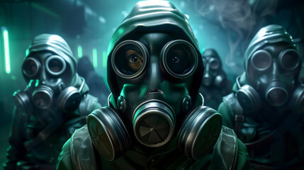 A group of people wearing gas masks are standing in front of a green background - obrazy, fototapety, plakaty