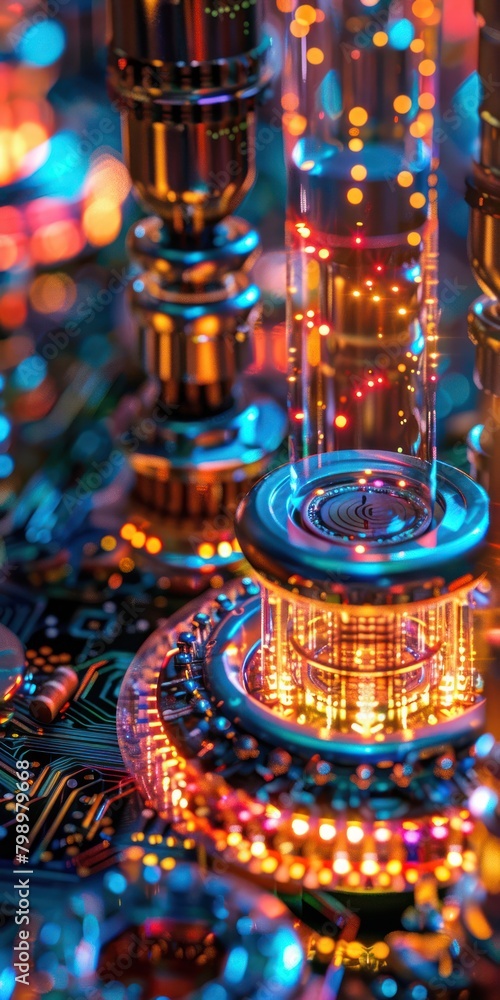 Aufkleber quantum computer core, glowing qubits, complex problem-solving technology, close-up, digital photogr