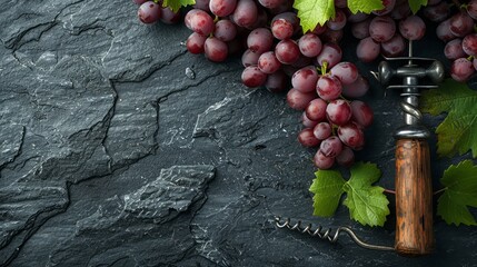 Plump grapes cluster near old-fashioned corkscrew, contrasting with the stark texture of dark stone surface.