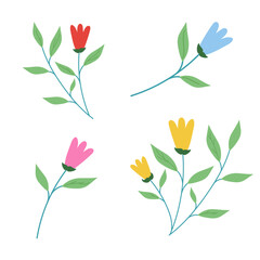 Set of beautidul blue, yellow, red and pink flowers isoalted on white background for icons, apps, webs, posters, patternts, stickers