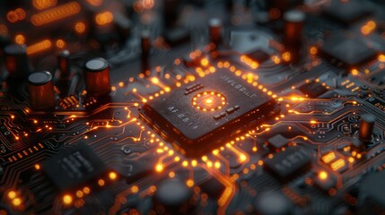 Quantum chip attached to circuit board, cryptographic operations, macro close-up, digital photography, tech detail