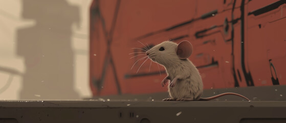 A white mouse is standing on a red surface - obrazy, fototapety, plakaty