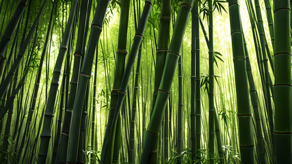 Fototapeta premium A tranquil bamboo forest, with tall stalks swaying gently in the breeze and shafts of sunlight illuminating the lush green foliage