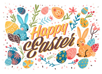 Happy Easter greeting card with rabbits eggs and spring flowers pastel colors holiday celebration card horizontal
