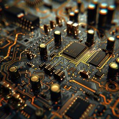 Quantum computing motherboard, high-tech circuits, computational breakthroughs, close-up, digital photography