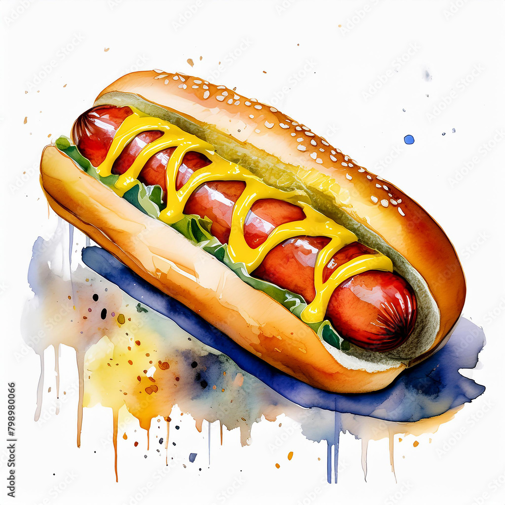 Wall mural watercolor painting of hot dog with grilled sausage and mustard. tasty fast food. delicious meal.