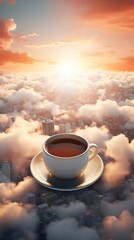 A cup of coffee floating above the clouds with a beautiful sunset in the background. - obrazy, fototapety, plakaty
