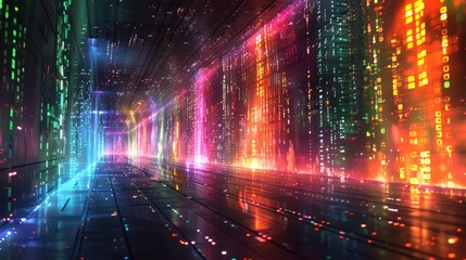 Cybernetic corridor pulsing with streams of data and vibrant code, a visual metaphor for digital information flow.