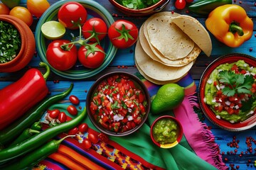 Mexican food background with pico de gallo, guacamole and salsas on the table with tortillas, chilies, peppers, tomatoes, avocados, leaves and other vegetables - obrazy, fototapety, plakaty