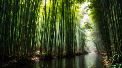 Fototapeta premium A tranquil bamboo forest, with tall stalks swaying gently in the breeze and shafts of sunlight illuminating the lush green foliage