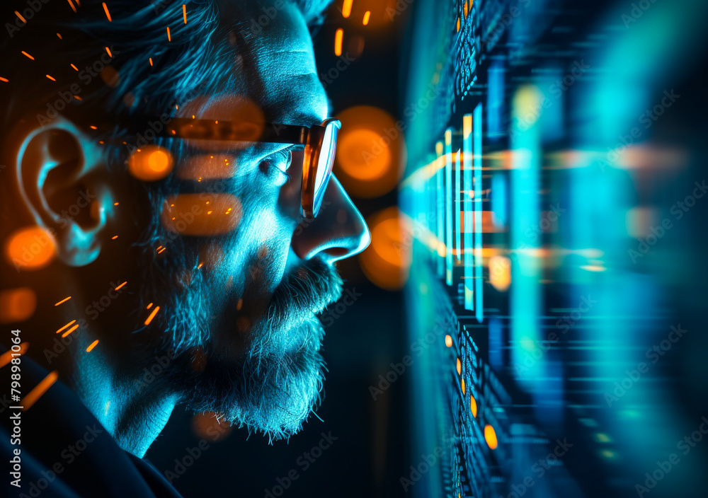 Poster confident male data analyst with glasses reflecting binary code - programming, big data, ux design c