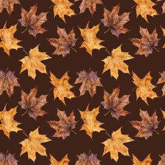 Seamless pattern with watercolor autumn leaves on a dark brown background, watercolor autumn leaves print for the textile fabric, wallpaper, poster background