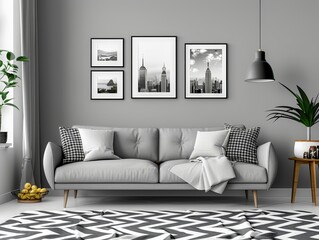 Modern frames and cityscape photos in black and white, artfully displayed on a gray living room wall