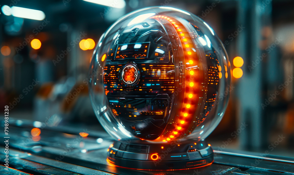 Poster futuristic ai assistant orb: powerful intelligent software, spherical interface, digital tech concep