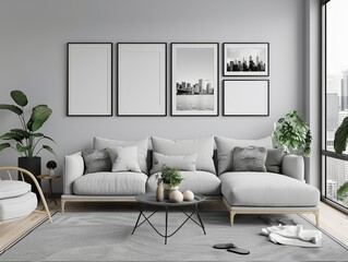 Modern frames with cityscape photos in black and white, artfully placed on a gray living room wall
