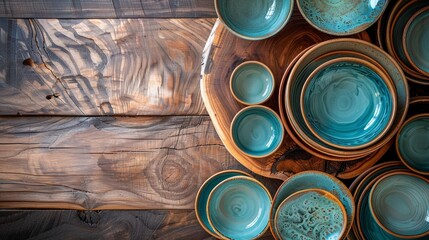 Array of sustainable dishware on rustic wood, showcasing an eco-friendly alternative for modern dining.