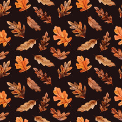 Dynamic seamless pattern featuring watercolor autumn leaves, adding movement to textile, wallpaper, and poster backgrounds - obrazy, fototapety, plakaty