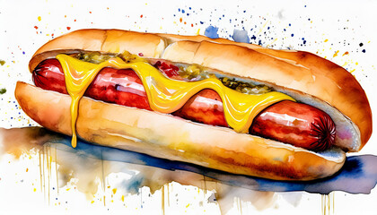 Watercolor painting of hot dog with grilled sausage and mustard. Tasty fast food. Delicious meal.