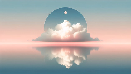 A landscape with a vast body of still water reflecting the sky. Above the horizon, fluffy clouds in soft pastel colors