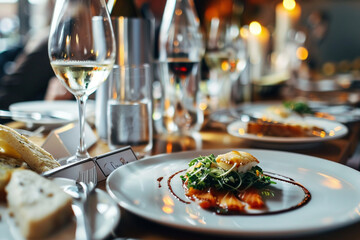 Fine Dining Table Setup with Delicious Meal and Wine
