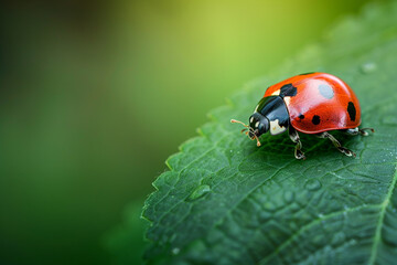 Fototapeta premium Ladybug resting on a leaf in nature's green embrace, showcasing its vivid red hue and distinctive black spots
