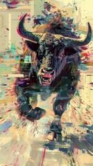 Capture the intensity of a fierce minotaur charging forward in a digital glitch art style, viewed from an unexpected rear angle that enhances its raw power - obrazy, fototapety, plakaty