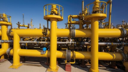 Compressor and pumping systems with many yellow pipes and connections in oil field. Oil plant