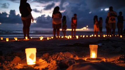 People at dusk on the beach, holding a candlelight vigil for lives lost to slavery. International Day for the Remembrance of the Slave Trade and Its Abolition, August 23 - obrazy, fototapety, plakaty